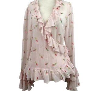 Moda International Womens Pink Ruffled Silk Chiffon Rose Wrap Blouse Romantic